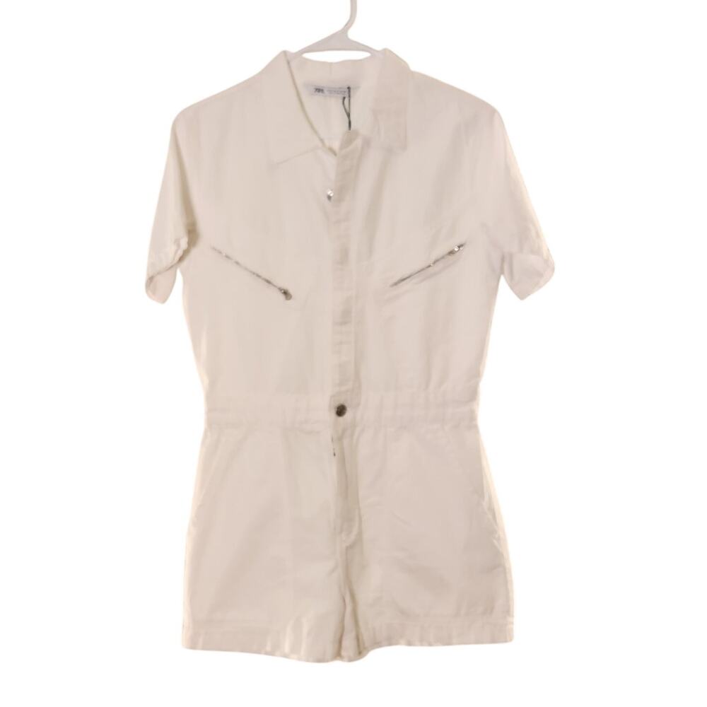 ZARA NWT Front Button Short-Sleeve Denim Romper, Size Small